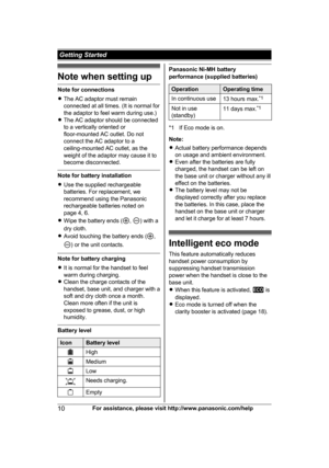 Page 10Note when setting up
Note for connections
R
T
he AC adaptor must remain
connected at all times. (It is normal for
the adaptor to feel warm during use.)
R The AC adaptor should be connected
to a vertically oriented or
floor-mounted AC outlet. Do not
connect the AC adaptor to a
ceiling-mounted AC outlet, as the
weight of the adaptor may cause it to
become disconnected. Note for battery installation
R
U

se the supplied rechargeable
batteries. For replacement, we
recommend using the Panasonic
rechargeable...