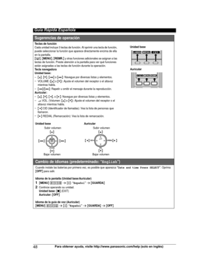 Page 4848
Para obtener ayuda, visite http://www.panasonic.com/help (solo en inglés) Guía Rápida EspañolaSugerencias de operación
Teclas de funciónCada unidad incluye 3 teclas de función. Al oprimir una tecla de función, 
puede seleccionar la función que aparece directamente encima de ella 
en la pantalla.
{C}, {MENU}, {REMR.} y otras funciones adicionales se asignan a las 
teclas de función. Preste atención a la pantalla para ver qué funciones 
están asignadas a las teclas de función durante la operación.
Tecla...