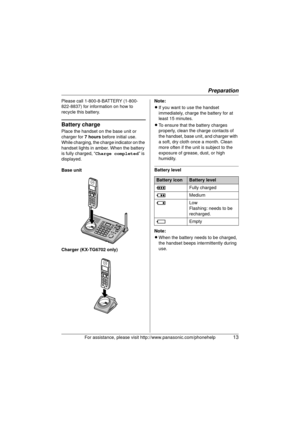 Page 13Preparation
For assistance, please visit http://www.panasonic.com/phonehelp13
Please call 1-800-8-BATTERY (1-800-
822-8837) for information on how to 
recycle this battery.
Battery charge
Place the handset on the base unit or 
charger for 7 hours before initial use.
While charging, the charge indicator on the 
handset lights in amber. When the battery 
is fully charged, “ Charge completed ” is 
displayed.
Base unit
Charger (KX-TG6702 only) Note:
L
If you want to use the handset 
immediately, charge  the...