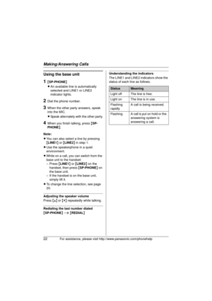 Page 22Making/Answering Calls
22For assistance, please visit http://www.panasonic.com/phonehelp
Using the base unit
1{SP-PHONE }
L An available line is automatically 
selected and LINE1 or LINE2 
indicator lights.
2Dial the phone number.
3When the other party answers, speak 
into the MIC.
LSpeak alternately with the other party.
4When you finish talking, press  {SP-
PHONE }.
Note:
L You can also select a line by pressing 
{LINE1 } or  {LINE2 } in step 1.
L Use the speakerphone in a quiet 
environment.
L While...