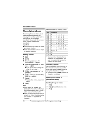 Page 16Shared Phonebook
16For assistance, please visit http://www.panasonic.com/help
Shared phonebook
The shared phonebook allows you to 
make calls without having to dial 
manually. Any handset registered to the 
base unit can use the shared 
phonebook. You can add 50 names and 
phone numbers to the shared 
phonebook.
Important:
LOnly 1 person can access the shared 
phonebook at a time.
LCaller ID subscribers can use ringer 
ID features (page 28).
Adding entries
1
{C}
2{ADD}
3Enter the party’s name (16...