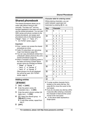 Page 35Shared phonebook
T
he shared phonebook allows you to
make calls without having to dial
manually. The base unit *1
 and any
handset registered to the base unit can
use the shared phonebook. You can add
3050 names and phone numbers to the
shared phonebook, and assign each
phonebook entry to the desired group
( “ Home ”,  “Cell 1 ”,  “Cell 2 ”).
*1 KX-TG7641 series: page 3
Important:
R Only 1 person can access the shared
phonebook at a time.
R Caller ID subscribers can use group
ringer tone features (page...