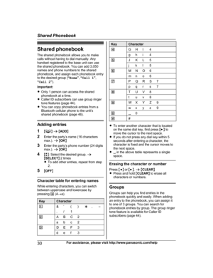 Page 30Shared phonebookThe shared phonebook allows you to make
calls without having to dial manually. Any
handset registered to the base unit can use
the shared phonebook. You can add 3,050
names and phone numbers to the shared
phonebook, and assign each phonebook entry
to the desired group ( “Home ”,  “Cell 1 ”,
“ Cell 2 ”).
Important:
R Only 1 person can access the shared
phonebook at a time.
R Caller ID subscribers can use group ringer
tone features (page 44).
R You can copy phonebook entries from a...