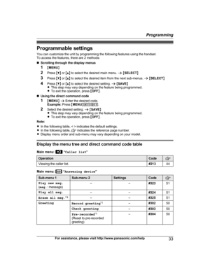 Page 33Programmable settings
You can customize the unit by programming the following features using the handset.
To access the features, there are 2 methods:
n Scrolling through the display menus
1 MMENU N
2 Press  MC N or  MD N to select the desired main menu.  a M SELECT N
3 Press  MC N or  MD N to select the desired item from the next sub-menus.  a M SELECT N
4 Press  MC N or  MD N to select the desired setting.  a M SAVE N
R This step may vary depending on the feature being programmed.
R To exit the...