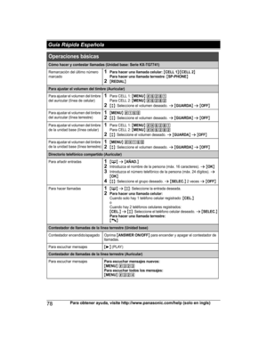 Page 7878Para obtener ayuda, visite http://www.panasonic.com/help (solo en ingls) Guía Rápida EspañolaCómo hacer y contestar llamadas (Unidad base: Serie KX-TG7741)
Remarcación del último número 
marcado1Para hacer una llamada celular: {CELL 1}/{CELL 2}Para hacer una llamada terrestre: {SP-PHONE}2{REDIAL}
Para ajustar el volumen del timbre (Auricular)
Para ajustar el volumen del timbre 
del auricular (línea de celular)1Para CELL 1: {MENU} (6281 Para CELL 2: {MENU} (62822{r}: Seleccione el volumen deseado. s...