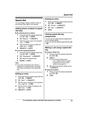 Page 35Speed dial
Y ou can assign 1 phone number to each of
the dial keys ( 1 to  9) on the handset. Adding phone numbers to speed
d

ial keys
n By entering phone numbers:
1 Press and hold the desired speed dial
key ( 1 to  9). a  M ADD N
2 Mb N:  “Manual ” a  M SELECT N
3 Enter the party’s name (16 characters
max.).  a M OK N
4 Enter the party’s phone number (24
digits max.).  a M OK N
5 MSELECT N a  M OFF N
n From the shared phonebook:
1 Press and hold the desired speed dial
key ( 1 to  9). a  M ADD N
2 Mb N:...