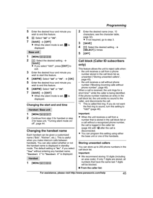 Page 455
Enter the desired hour and minute you
wish to end this feature.
6 *: Select  “AM ” or  “PM ”.
7 MSAVE N a  M OFF N
R When the silent mode is set,   is
d

isplayed. Base unit
1 MM

ENUN#238
2 Mb N: Select the desired setting.  a
M SAVE N
R If you select  “Off ”, press  MEXIT N to
exit.
3 Enter the desired hour and minute you
wish to start this feature.
4 MAM/PM N: Select  “AM ” or  “PM ”.  a  M OK N
5 Enter the desired hour and minute you
wish to end this feature.
6 MAM/PM N: Select  “AM ” or  “PM ”.
7...