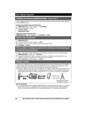 Page 8282
Para obtener ayuda, visite http://www.panasonic.com/help (solo en inglés) Guía Rápida EspañolaTG78xx(en)_1210_ver101.pdf   822012/12/10   21:19:32Cambio de idioma (predeterminado: “English”)
Cuando instale las baterías por primera vez, es posible que aparezca “Date and time Press SELECT”.
Oprima {OFF} para salir.
Idioma de la pantalla (Auricular/Unidad base)1{MENU}(11)s{r}:“Español”s{GUARDA}2Continúe operando su unidad.Auricular:{OFF}Unidad base:{EXIT}
Idioma de la guía de voz...