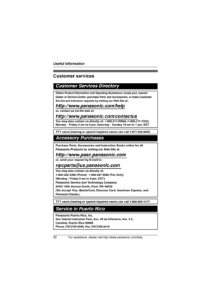 Page 52Useful Information
52For assistance, please visit http://www.panasonic.com/help
Customer services
Customer Services Directory
Obtain Product Information and Operating Assistance; locate your nearest 
Dealer or Service Center; purchase Parts and Accessories; or make Customer 
Service and Literature requests by visiting our Web Site at:
http://www.panasonic.com/help
or, contact us via the web at: 
http://www.panasonic.com/contactus
You may also contact us directly at: 1-800-211-PANA (1-800-211-7262),...