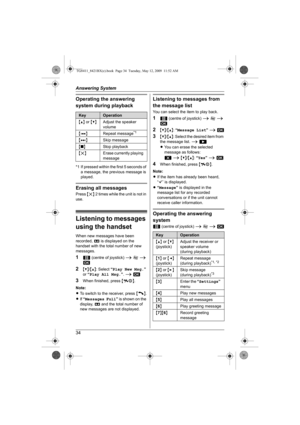 Page 34Answering System
34
Operating the answering 
system during playback
*1 If pressed within the first 5 seconds of 
a message, the previous message is 
played.
Erasing all messages
Press {4} 2 times while the unit is not in 
use.
Listening to messages 
using the handset
When new messages have been 
recorded, u is displayed on the 
handset with the total number of new 
messages.
11 (centre of joystick) i I i 
M
2{V}/{^}: Select “Play New Msg.” 
or “Play All Msg.”. i M
3When finished, press {ih}.
Note:
LTo...