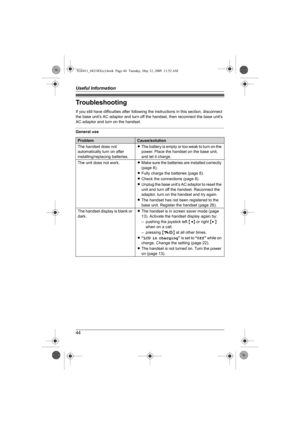 Page 44Useful Information
44
Troubleshooting
If you still have difficulties after following the instructions in this section, disconnect 
the base unit’s AC adaptor and turn off the handset, then reconnect the base unit’s 
AC adaptor and turn on the handset.
General use
ProblemCause/solution
The handset does not 
automatically turn on after 
installing/replacing batteries.LThe battery is empty or too weak to turn on the 
power. Place the handset on the base unit, 
and let it charge. 
The unit does not...