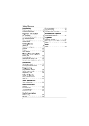 Page 2Table of Contents
2
Introduction
Model composition  . . . . . . . . . . . . . . . 3
Accessory information . . . . . . . . . . . . . 3
Important Information
For your safety  . . . . . . . . . . . . . . . . . . 5
Important safety instructions . . . . . . . . 6
For best performance  . . . . . . . . . . . . . 6
Other information. . . . . . . . . . . . . . . . . 7
Specifications  . . . . . . . . . . . . . . . . . . . 7
Getting Started
Setting up  . . . . . . . . . . . . . . . . . . . . . . 8
Note when setting...