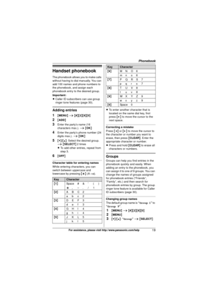 Page 19Phonebook
19For assistance, please visit http://www.panasonic.com/help
Handset phonebook
The phonebook allows you to make calls 
without having to dial manually. You can 
add 100 names and phone numbers to 
the phonebook, and assign each 
phonebook entry to the desired group.
Important:
LCaller ID subscribers can use group 
ringer tone features (page 30).
Adding entries
1
{MENU } i  { # }{2 }{8}{0}
2{ADD}
3Enter the party’s name (16 
characters max.). i  { OK }
4Enter the party’s phone number (24 
digits...