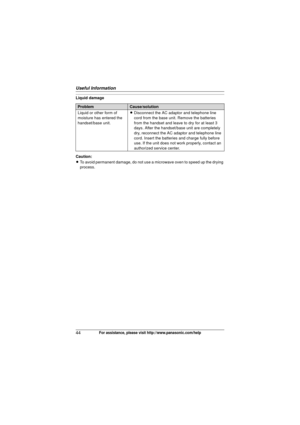 Page 44Useful Information
44For assistance, please visit http://www.panasonic.com/help
Liquid damage
Caution:
LTo avoid permanent damage, do not use a microwave oven to speed up the drying 
process.
ProblemCause/solution
Liquid or other form of 
moisture has entered the 
handset/base unit. L
Disconnect the AC adaptor and telephone line 
cord from the base unit. Remove the batteries 
from the handset and leave to dry for at least 3 
days. After the handset/base unit are completely 
dry, reconnect the AC adaptor...