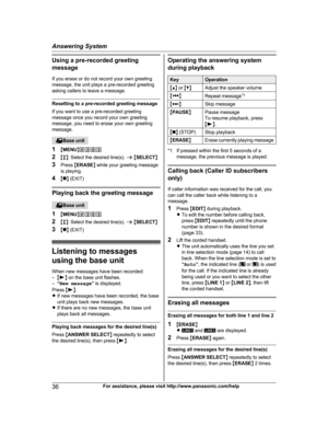 Page 36Using a pre-recorded greeting
m
essage
If you erase or do not record your own greeting
message, the unit plays a pre-recorded greeting
asking callers to leave a message. Resetting to a pre-recorded greeting message
I

f you want to use a pre-recorded greeting
message once you record your own greeting
message, you need to erase your own greeting
message. Base unit
1 MM

ENU N#303
2 Mb N: Select the desired line(s).  a M SELECT N
3 Press  MERASE N while your greeting message
is playing.
4 Mn N (EXIT)...