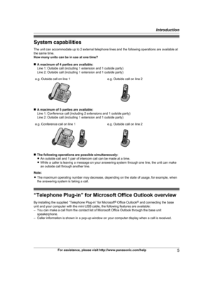 Page 5System capabilities
T
he unit can accommodate up to 2 external telephone lines and the following operations are available at
the same time.
How many units can be in use at one time?
n A maximum of 4 parties are available:
Line 1: Outside call (including 1 extension and 1 outside party)
Line 2: Outside call (including 1 extension and 1 outside party)
e.g. Outside call on line 1 e.g. Outside call on line 2n
A
 maximum of 5 parties are available:
Line 1: Conference call (including 2 extensions and 1 outside...
