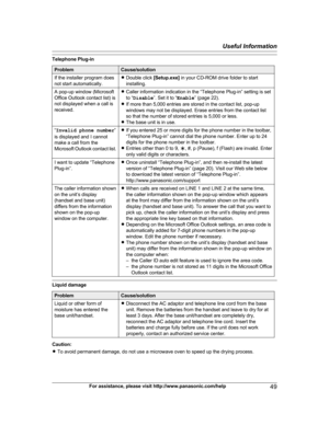Page 49Telephone Plug-in
Problem Cause/solution
If the installer program does
n ot start automatically. R
Double click  [Setup.exe] in your CD-ROM drive folder to start
installing.
A pop-up window (Microsoft
O
 ffice Outlook contact list) is
not displayed when a call is
received. R
Caller information indication in the “Telephone Plug-in” setting is set
to “ Disable ”. Set it to “ Enable” (page 22).
R If more than 5,000 entries are stored in the contact list, pop-up
windows may not be displayed. Erase entries...