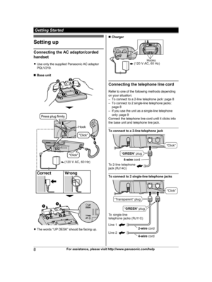 Page 8Setting up
Connecting the AC adaptor/corded
h
andset
R Use only the supplied Panasonic AC adaptor
PQLV219.
n Base unit R
T
he words “UP DESK” should be facing up. n
C
harger Connecting the telephone line cord
R

efer to one of the following methods depending
on your situation:
– To connect to a 2-line telephone jack: page 8
– To connect to 2 single-line telephone jacks: page 8
– If you use the unit as a single-line telephone only: page 9
Connect the telephone line cord until it clicks into
the base unit...