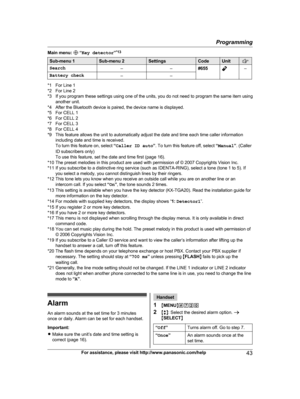 Page 43
Main menu:  “Key detector ”*13
Sub-menu 1Sub-menu 2SettingsCodeUnit
Search––#655–
Battery check––
*1 For Line 1
*2 For Line 2
*3 If you program these settings using one of the units, you do not need to program the same item using
another unit.
*4 After the Bluetooth device is paired, the device name is displayed.
*5 For CELL 1
*6 For CELL 2
*7 For CELL 3
*8 For CELL 4
*9 This feature allows the unit to automatically adjust the date and time each time caller information including date and time is...