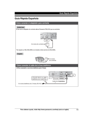 Page 73
Guía Rápida Española
Para obtener ayuda, visite http://www.panasonic.com/help (solo en inglés)73
Guía Rápida Española 

Cómo conectar el adaptador para corriente
LUse solo el adaptador de corriente alterna Panasonic PNLV234 que se suministra.
*Se requiere un filtro DSL/ADSL (no incluido) si tiene servicio de DSL/ADSL.
Cómo conectar el cable de la línea telefónica
NPara conectarlo a una toma telefónica para 2 líneas
Unidad base
A la toma de corriente
“Clic”
Cargador
A la toma  
de corriente
Cable de  4...