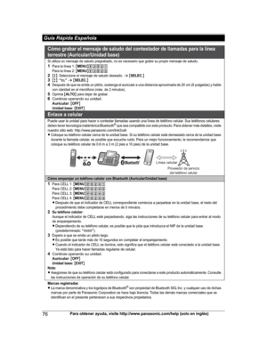 Page 76
76Para obtener ayuda, visite http://www.panasonic.com/help (solo en inglés)
 Guía Rápida Española

Cómo grabar el mensaje de saludo del contestador de llamadas para la línea 
terrestre (Auricular/Unidad base)
Si utiliza un mensaje de saludo pregrabado, no es necesario que grabe su propio mensaje de saludo.
1Para la línea 1: {MENU}(3)21Para la línea 2: {MENU}(3)222{r}: Seleccione el mensaje de saludo deseado. s {SELEC.}3{r}: “Sí” s {SELEC.}4Después de que se emita un pitido, sostenga el auricular a una...