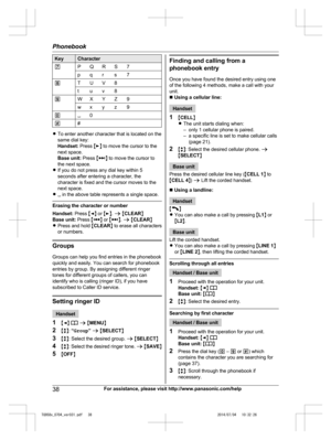 Page 38
KeyCharacter
7PQRS7
pqrs7
8TUV8
tuv8
9WXYZ9
wxyz9
00
##
RTo enter another character that is located on the
same dial key:
Handset:  Press ME N to move the cursor to the
next space.
Base unit:  Press M
N to move the cursor to
the next space.
R If you do not press any dial key within 5
seconds after entering a character, the
character is fixed and the cursor moves to the
next space.
R
 in the above table represents a single space.
Erasing the character or number
Handset:  Press MF N or  ME N.  a  M CLEAR...