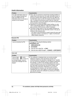 Page 78
ProblemCause/solution
The caller information shown on
the unit’s display (handset and
base unit) differs from the
information shown on the pop-up
window on the computer.RWhen calls are received on several lines including landlines or
cellular lines at the same time, the caller information shown on
the pop-up window which appears at the front may differ from
the information shown on the unit’s display (handset and base
unit). To answer the call that you want to pick up, check the
caller information on...