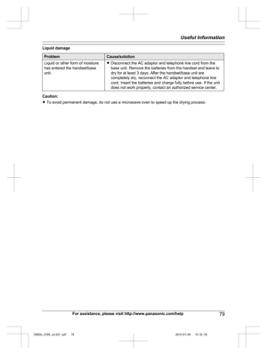 Page 79
Liquid damage
ProblemCause/solution
Liquid or other form of moisture
has entered the handset/base
unit.RDisconnect the AC adaptor and telephone line cord from the
base unit. Remove the batteries from the handset and leave to
dry for at least 3 days. After the handset/base unit are
completely dry, reconnect the AC adaptor and telephone line
cord. Insert the batteries and charge fully before use. If the unit
does not work properly, contact an authorized service center.
Caution:
RTo avoid permanent damage,...