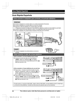 Page 82
Guía Rápida Española
82Para obtener ayuda, visite http://www.panasonic.com/help (solo en inglés)
 Guía Rápida Española

TG958x_0704_ver031.pdf   822014/07/04   10:32:29Cómo conectar el adaptador para corriente y el auricular alámbrico
1Conecte el adaptador de corriente alterna a la unidad presionándolo firmemente.2Conecte el adaptador de corriente alterna a la toma de corriente.3Enganche el cable del adaptador de corriente alterna para fijarlo.
*1 Después de conectar los cables de la línea telefónica,...