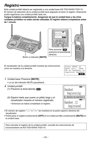 Page 9Registro
Esta unidad portátil deberá ser registrada a una unidad base KX-TG5100/KX-TG5110. 
El número de extensión de la unidad portátil será asignado al hacer el registro. Solamente 
podrá registrarse una unidad portátil cada vez.
Cargue la batería completamente. Asegúrese de que la unidad base y las otras 
unidades portátiles no estén siendo utilizadas. El registro deberá completarse antes 
de 1 minuto. 
El visualizador de la unidad portátil muestra las instrucciones 
como se muestra a la derecha.
•El...