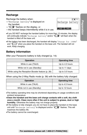 Page 1515
Preparation
For assistance, please call: 1-800-211-PANA(7262)
Recharge
Recharge the battery when:
—
“Recharge battery” is displayed on 
the handset,
—“ ” ﬂashes on the display, or
—
the handset beeps intermittently while it is in use.
•If you DO NOT recharge the handset battery for more than 15 minutes, the display
will continually indicate “Recharge battery” and/or “” will ﬂash when the
handset is lifted off the base unit.
•If the battery has been discharged, the handset will display “Charge for...