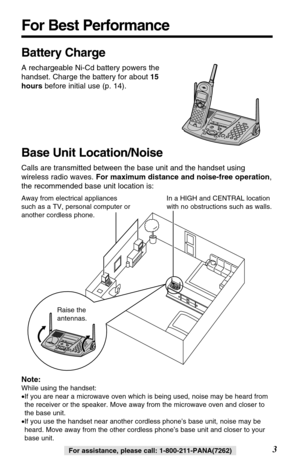 Page 3Raise 
the antennas.
,
nother cordless phone.
For Best Performance
3For assistance, please call: 1-800-211-PANA(7262)For assistance, please call: 1-800-211-PANA(7262)
Battery Charge
A rechargeable Ni-Cd battery powers the
handset. Charge the battery for about 15
hoursbefore initial use (p. 14).
Base Unit Location/Noise
Calls are transmitted between the base unit and the handset using
wireless radio waves. For maximum distance and noise-free operation,
the recommended base unit location is:
Note:
While...