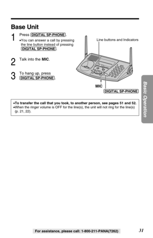 Page 3131
Basic Operation
For assistance, please call: 1-800-211-PANA(7262)
Base Unit
1
Press (DIGITAL!SP-PHONE).
•You can answer a call by pressing 
the line button instead of pressing
(DIGITAL!SP-PHONE).
2
Talk into the MIC.
3
To hang up, press 
(DIGITAL!SP-PHONE).
MIC
(DIGITAL!SP-PHONE)
Line buttons and Indicators
•To transfer the call that you took, to another person, see pages 51 and 52.
•When the ringer volume is OFF for the line(s), the unit will not ring for the line(s)
(p. 21, 22). 