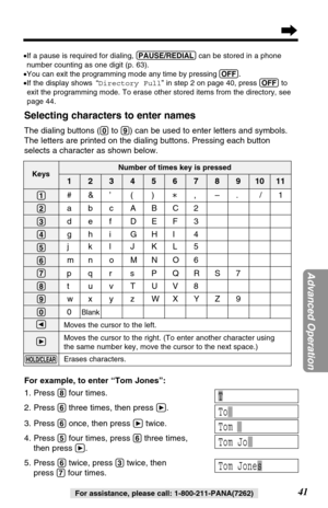Page 4141
Advanced Operation
For assistance, please call: 1-800-211-PANA(7262)
For example, to enter “Tom Jones”:
1. Press 
(8)four times.
2. Press 
(6)three times, then press á.
3. Press 
(6)once, then press átwice.
4. Press 
(5)four times, press (6)three times, 
then press 
á.
5. Press 
(6)twice, press (3)twice, then 
press 
(7)four times.
Selecting characters to enter names 
The dialing buttons ((0)to (9)) can be used to enter letters and symbols.
The letters are printed on the dialing buttons. Pressing each...