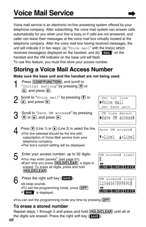 Page 6060
Voice mail service is an electronic on-line answering system offered by your
telephone company. After subscribing, the voice mail system can answer calls
automatically for you when your line is busy or if calls are not answered, and
caller can leave their messages at the voice mail box virtually located at the
telephone company. After the voice mail box having received messages, the
unit will indicate it in two ways: (a) “Voice mail” with the line(s) which
received message(s) displayed on the handset,...
