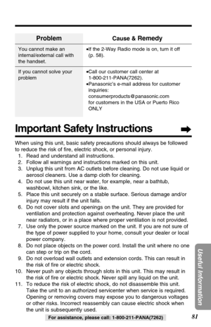 Page 8181
Useful Information
For assistance, please call: 1-800-211-PANA(7262)
Problem
You cannot make an
internal/external call with
the handset.
If you cannot solve your
problem
Cause & Remedy
•If the 2-Way Radio mode is on, turn it off
(p. 58).
•Call our customer call center at
1-800-211-PANA(7262).
•Panasonic’s e-mail address for customer
inquiries:
consumerproducts@panasonic.com 
for customers in the USA or Puerto Rico
ONLY
Important Safety Instructions
When using this unit, basic safety precautions should...