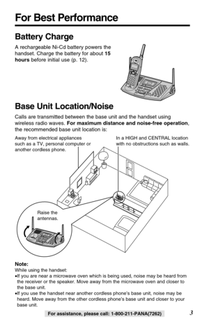 Page 3Raise 
the antennas.
other cordless phone.
For Best Performance
3For assistance, please call: 1-800-211-PANA(7262)For assistance, please call: 1-800-211-PANA(7262)
Battery Charge
A rechargeable Ni-Cd battery powers the
handset. Charge the battery for about 15
hoursbefore initial use (p. 12).
Base Unit Location/Noise
Calls are transmitted between the base unit and the handset using
wireless radio waves. For maximum distance and noise-free operation,
the recommended base unit location is:
Note:
While using...