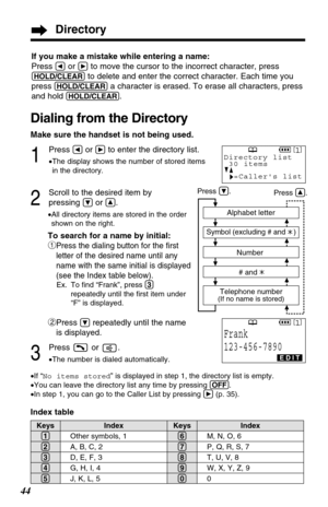 Page 44Directory
44
If you make a mistake while entering a name:
Press 
Üor áto move the cursor to the incorrect character, press
(HOLD/CLEAR)to delete and enter the correct character. Each time you
press 
(HOLD/CLEAR)a character is erased. To erase all characters, press
and hold 
(HOLD/CLEAR).
Dialing from the Directory
Make sure the handset is not being used.
1
Press Üor áto enter the directory list.
•The display shows the number of stored items
in the directory.
2
Scroll to the desired item by 
pressing 
Öor...
