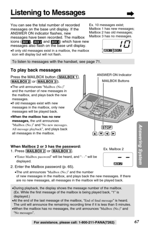 Page 67To play back messages
Press the MAILBOX button ((MAILBOX!1), 
(MAILBOX!2)or (MAILBOX!3)).
•The unit announces “Mailbox (No.)”
and the number of new messages in
the mailbox, and plays back the new
messages.
•If old messages exist with new
messages in the mailbox, only new
messages will be played back.
•When the mailbox has no new
messages,the unit announces
“Mailbox (No.)” and “No new messages.
All message playback”, and plays back
all messages in the mailbox.
When Mailbox 2 or 3 has the password:
1....