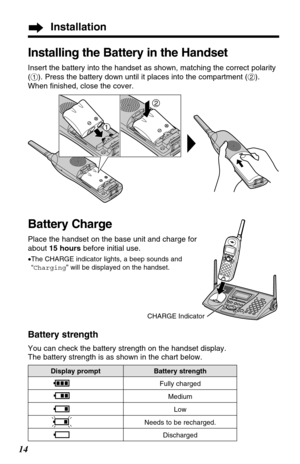 Page 14Installation
14Battery strength
You can check the battery strength on the handset display.
The battery strength is as shown in the chart below.
Display promptBattery strength
Fully charged
Medium
Low
Needs to be recharged.
Discharged
Battery Charge
Place the handset on the base unit and charge for
about 15 hoursbefore initial use.
•The CHARGE indicator lights, a beep sounds and
“Charging” will be displayed on the handset. 
Installing the Battery in the Handset
Insert the battery into the handset as...
