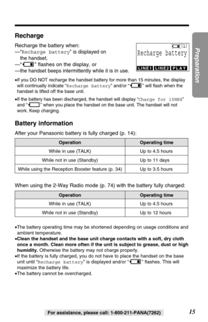 Page 1515
Preparation
For assistance, please call: 1-800-211-PANA(7262)
Recharge
Recharge the battery when:
—
“Recharge battery” is displayed on 
the handset,
—“ ” ﬂashes on the display, or
—
the handset beeps intermittently while it is in use.
•If you DO NOT recharge the handset battery for more than 15 minutes, the display
will continually indicate “Recharge battery” and/or “” will ﬂash when the
handset is lifted off the base unit.
•If the battery has been discharged, the handset will display “Charge for...