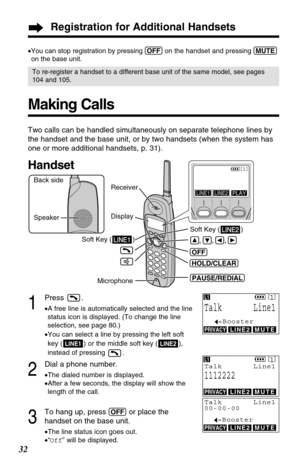 Page 322
Dial a phone number.
•The dialed number is displayed.
•After a few seconds, the display will show the
length of the call.
3
To hang up, press (OFF)or place the 
handset on the base unit.
•The line status icon goes out.
•“Off” will be displayed.
Registration for Additional Handsets
32
Making Calls
1
Press .
•A free line is automatically selected and the line
status icon is displayed. (To change the line
selection, see page 80.)
•You can select a line by pressing the left soft
key ( ) or the middle soft...