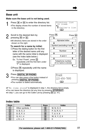 Page 55123
55
Cordless Telephone
For assistance, please call: 1-800-211-PANA(7262)
Base unit
Make sure the base unit is not being used.
1
Press Üor áto enter the directory list.
•The display shows the number of stored items
in the directory.
2
Scroll to the desired item by 
pressing 
Öor Ñ..
•All directory items are stored in the order
shown on the right.
To search for a name by initial:
#
Press the dialing button for the ﬁrst
letter of the desired name until any
name with the same initial is displayed
(see the...