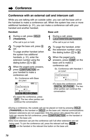Page 70Conference
70
Conference with an external call and intercom call
While you are talking with an outside caller, you can call the base unit or
the handset to make a conference call. When the system has one or more
additional handsets (p. 31), you can make a conference call with your
handset and another handset.
Handset:
1
During a call, press (HOLD)
(TRANSFER)
.
•The call is put on hold.
2
To page the base unit, press (0).
OR
To page another handset (when
the system has additional
handsets, p. 31), enter...