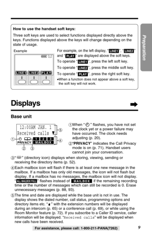 Page 9Three soft keys are used to select functions displayed directly above the
keys. Functions displayed above the keys will change depending on the
state of usage.
For example, on the left display, “”, “”
and “” are displayed above the soft keys.
To operate “”, press the left soft key.
To operate “”, press the middle soft key.
To operate “”, press the right soft key.
•When a function does not appear above a soft key,
the soft key will not work.
PLAY
LINE2
LINE1
PLAY
LINE2LINE1
Base unit
#When “” ﬂashes, you...