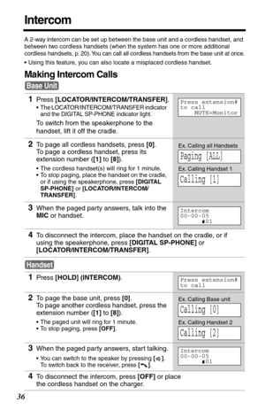 Page 3636
Intercom
A 2-way intercom can be set up between the base unit and a cordless handset, and 
between two cordless handsets (when the system has one or more additional 
cordless handsets, p. 20).
 You can call all cordless handsets from the base unit at once.
•Using this feature, you can also locate a misplaced cordless handset.
Making Intercom Calls
1Press [LOCATOR/INTERCOM/TRANSFER].
•The LOCATOR/INTERCOM/TRANSFER indicator 
and the DIGITAL SP-PHONE indicator light.
To switch from the speakerphone to...