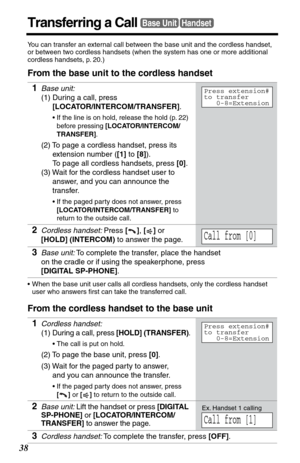 Page 3838
Transferring a CallBase UnitHandset
You can transfer an external call between the base unit and the cordless handset, 
or between two cordless handsets (when the system has one or more additional 
cordless handsets, p. 20.)
From the base unit to the cordless handset
•When the base unit user calls all cordless handsets, only the cordless handset 
user who answers ﬁrst can take the transferred call.
From the cordless handset to the base unit1
Base unit:
(1) During a call, press...