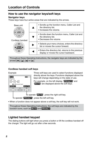 Page 8 
Location of Controls 
8 
How to use the navigator keys/soft keys 
Navigator keys 
These keys have four active areas that are indicated by the arrows. 
Lighted handset keypad 
The dialing buttons will light when you press a button or lift the cordless handset off 
the charger. The light will go out after a few seconds.•Scrolls up the function menu, Caller List and 
the directory list. 
•Increases the volume.
•Scrolls down the function menu, Caller List and 
the directory list. 
•Decreases the volume....