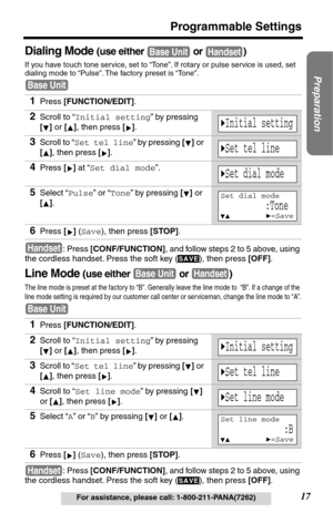 Page 1717
Programmable Settings
Preparation
For assistance, please call: 1-800-211-PANA(7262)
Dialing Mode (use either   or  )
If you have touch tone service, set to “Tone”. If rotary or pulse service is used, set 
dialing mode to “Pulse”. The factory preset is “Tone”.
: Press [CONF/FUNCTION], and follow steps 2 to 5 above, using 
the cordless handset. Press the soft key ( ), then press [OFF].
Line Mode (use either   or  )
The line mode is preset at the factory to “B”. Generally leave the line mode to  “B”. If...