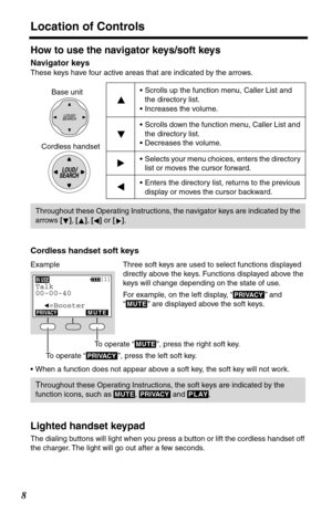 Page 8 
Location of Controls 
8 
How to use the navigator keys/soft keys 
Navigator keys 
These keys have four active areas that are indicated by the arrows. 
Lighted handset keypad 
The dialing buttons will light when you press a button or lift the cordless handset off 
the charger. The light will go out after a few seconds.•Scrolls up the function menu, Caller List and 
the directory list. 
•Increases the volume.
•Scrolls down the function menu, Caller List and 
the directory list. 
•Decreases the volume....